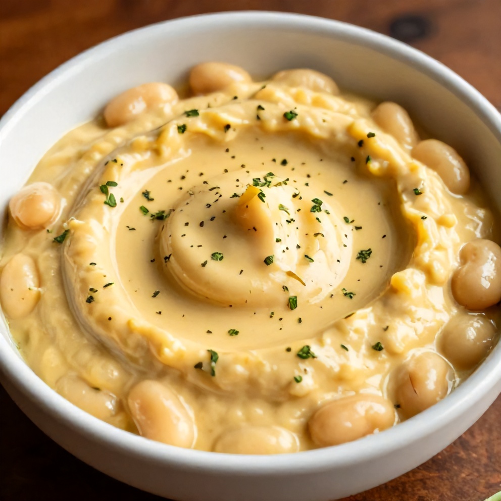 Creamy Lemon Herb White Bean Dip served in a bowl with a drizzle of olive oil and a sprinkle of fresh herbs