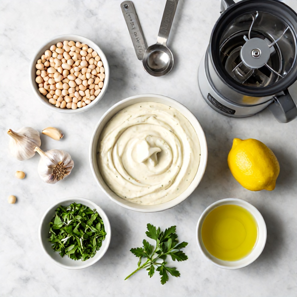 White beans, garlic, lemon, herbs, tahini, and olive oil arranged on a marble surface