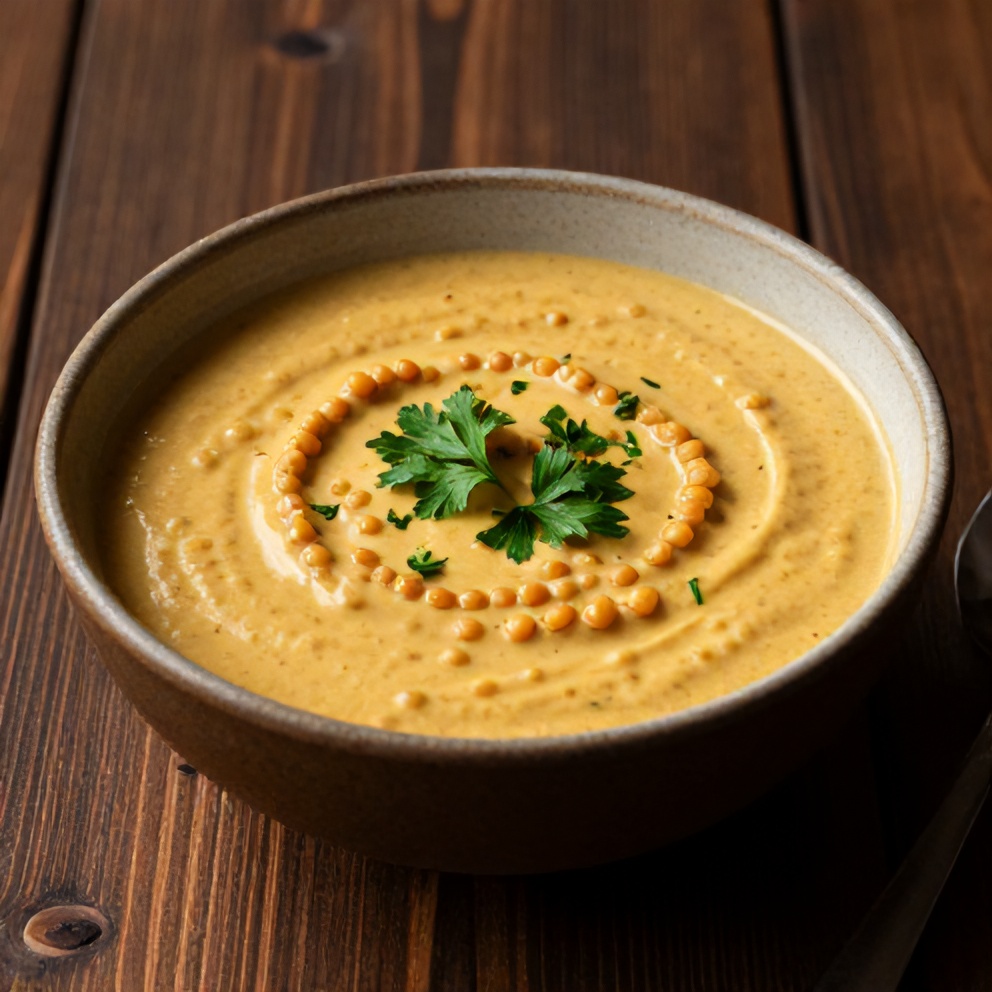 Bowl of creamy Moroccan Harissa Lentil Soup garnished with fresh parsley, served in a rustic bowl on a dark wooden table.