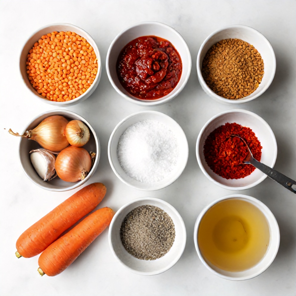 Raw ingredients for Moroccan Harissa Lentil Soup arranged in a flat lay, including lentils, carrots, onions, garlic, and spices.