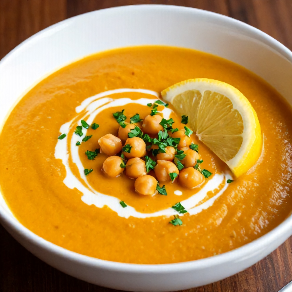 Bowl of Creamy Moroccan Sweet Potato Soup with Chickpeas