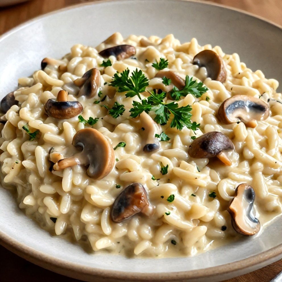 Plated Creamy Mushroom Risotto with Parmesan