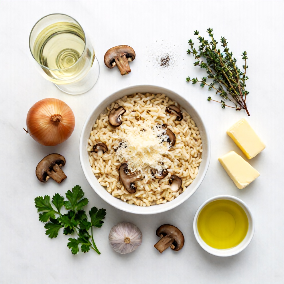 Mushroom Risotto Ingredients on a wooden board