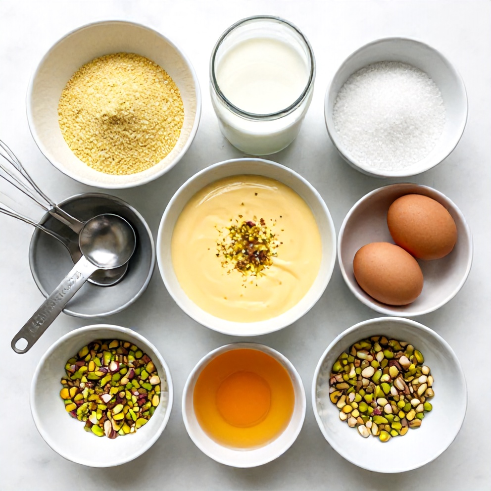 Raw ingredients for Creamy Orange Blossom Semolina Pudding with Pistachios