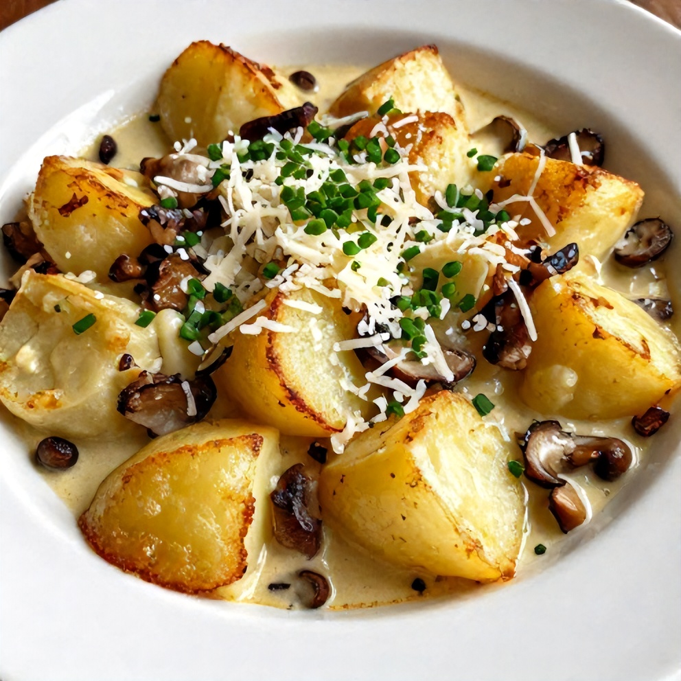Plated serving of Creamy Pancetta and Porcini Potato Gratin