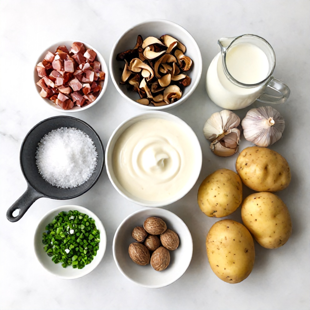 Raw ingredients for Creamy Pancetta and Porcini Potato Gratin