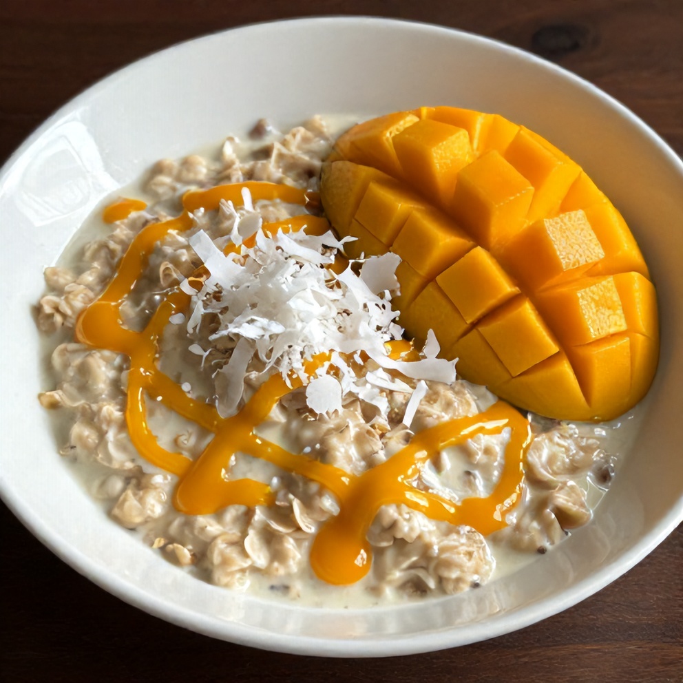 Plated Pandan Coconut Overnight Oats with Mango Drizzle