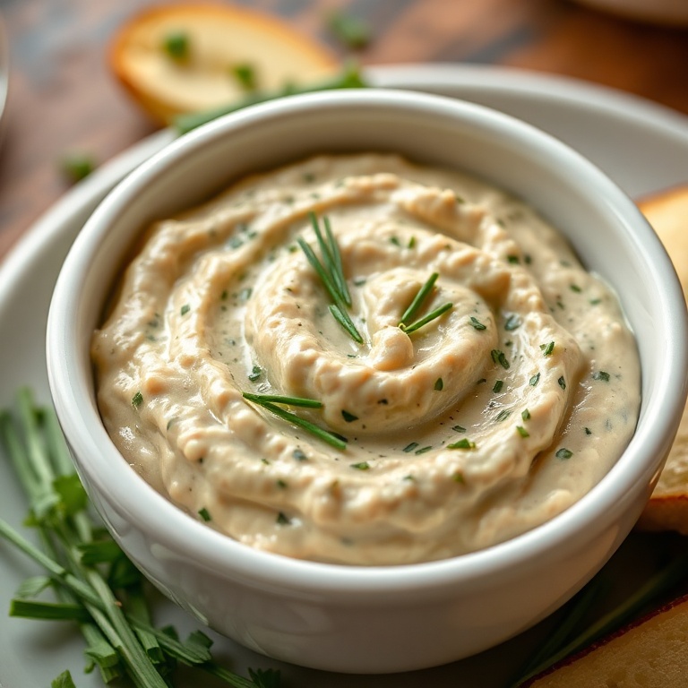 A bowl of creamy pea dip with goat cheese and fresh herbs. Garnished with chives. White ceramic bowl. Warm side lighting. Close crop. Photorealistic food photography.