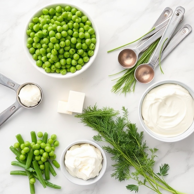 Raw ingredients for pea dip. Fresh peas, goat cheese, chives, dill, and sour cream. Measuring spoons and bowls visible. White marble surface. Bright even light. Overhead flat lay.