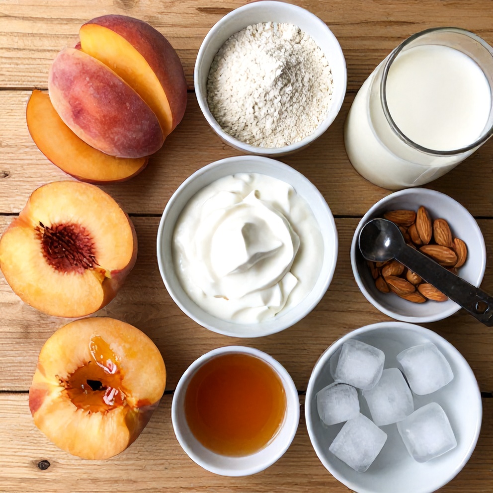 Ingredients for Peach Protein Shake on a wooden surface