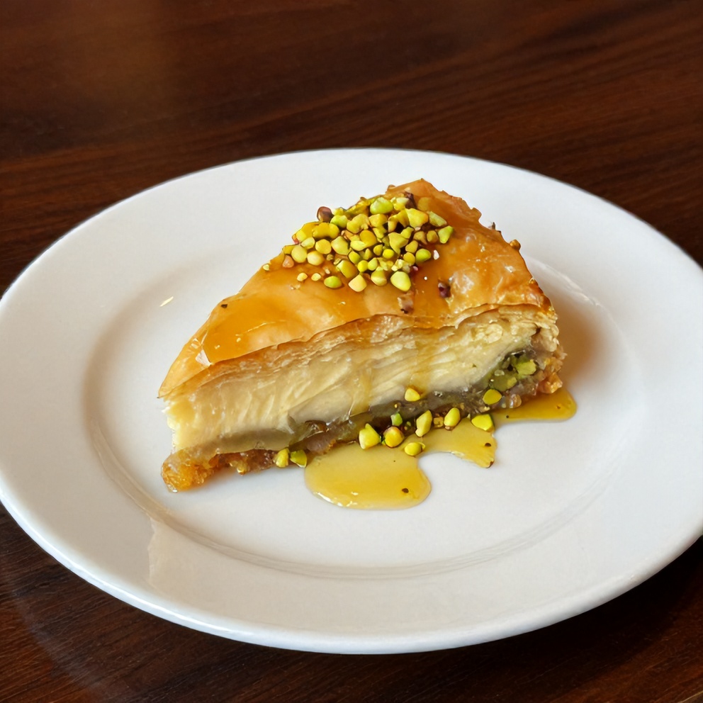 Sliced Pistachio Baklava Cheesecake on a white plate