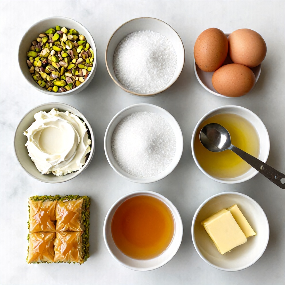 Raw ingredients for Pistachio Baklava Cheesecake on a white marble surface
