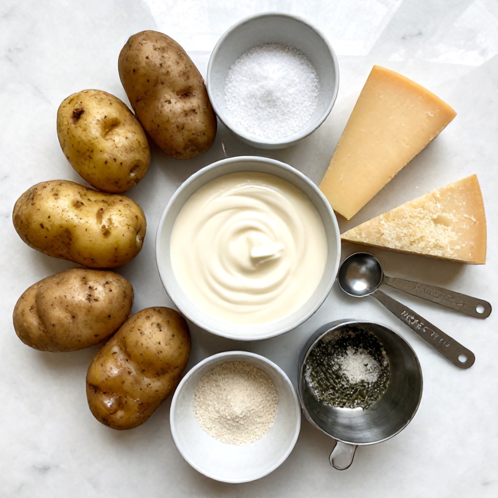 Raw ingredients for Creamy Potato Gratin including potatoes, heavy cream, and cheese