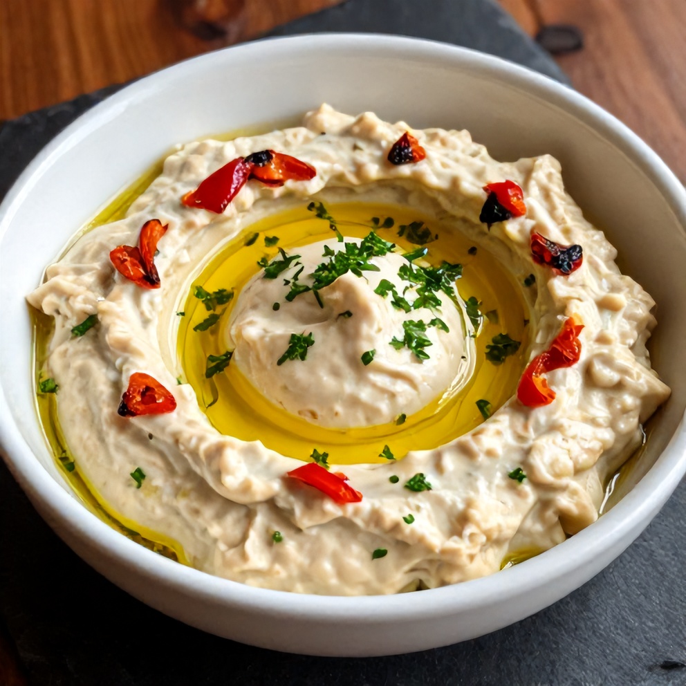 Creamy Roasted Red Pepper and Garlic Dip served with pita chips
