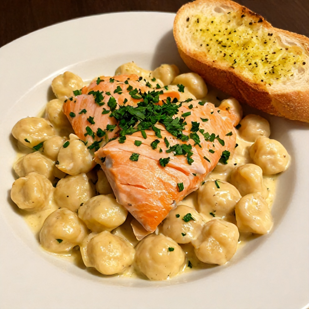 Plated creamy smoked salmon gnocchi dinner with a sprinkle of fresh parsley and a side of garlic bread