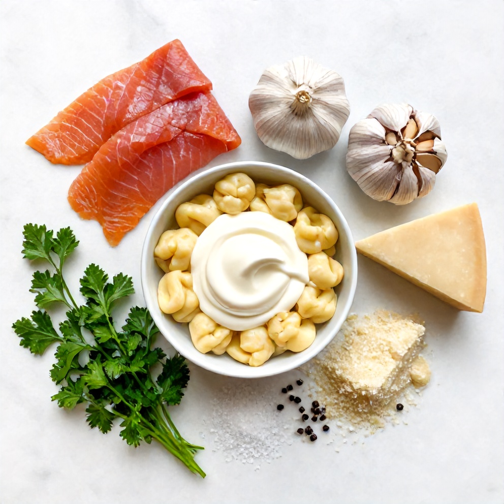 Raw ingredients for creamy smoked salmon gnocchi: gnocchi, smoked salmon, garlic, heavy cream, Parmesan cheese, fresh parsley, salt, and pepper