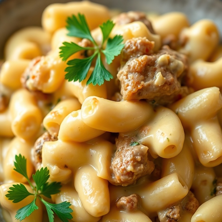 A single serving of creamy steak mac and cheese with fresh parsley on top