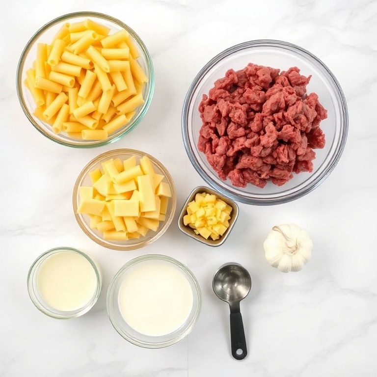 Raw ingredients for creamy steak mac and cheese including elbow pasta, ground beef, cheddar cheese, heavy cream, butter, garlic, and thyme