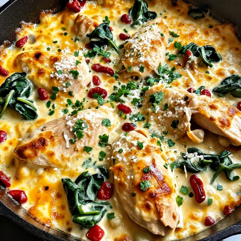 Plated Creamy Sun-Dried Tomato Chicken Skillet with Spinach