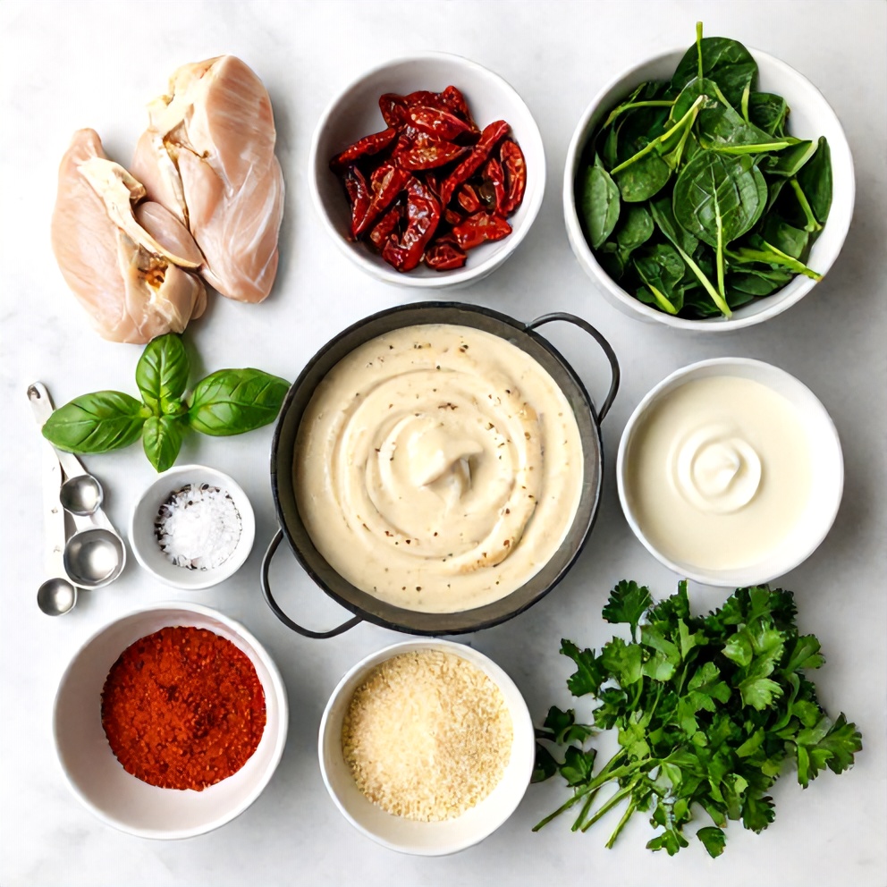 Raw ingredients for Creamy Sun-Dried Tomato Chicken Skillet with Spinach