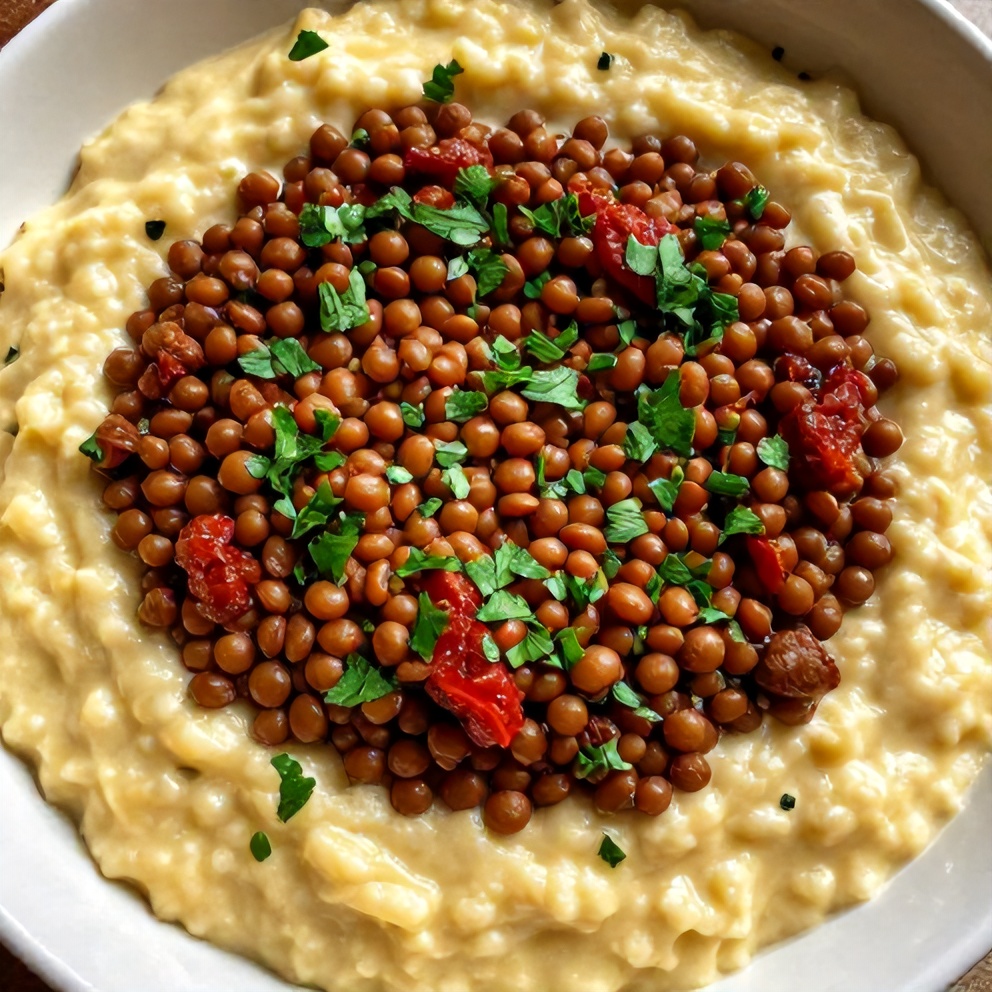 Plated Creamy Sundried Tomato Lentils with parsley garnish