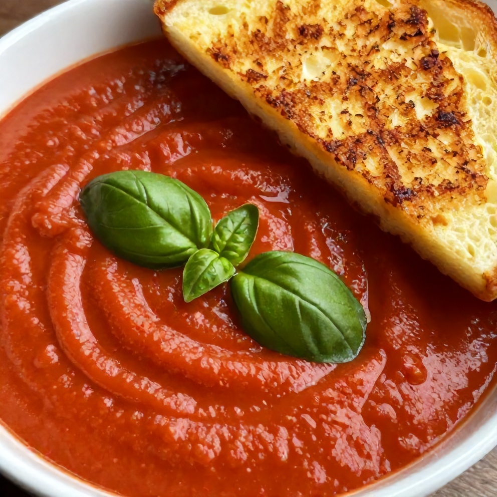 Bowl of creamy tomato soup with a sprinkle of basil and a side of grilled cheese