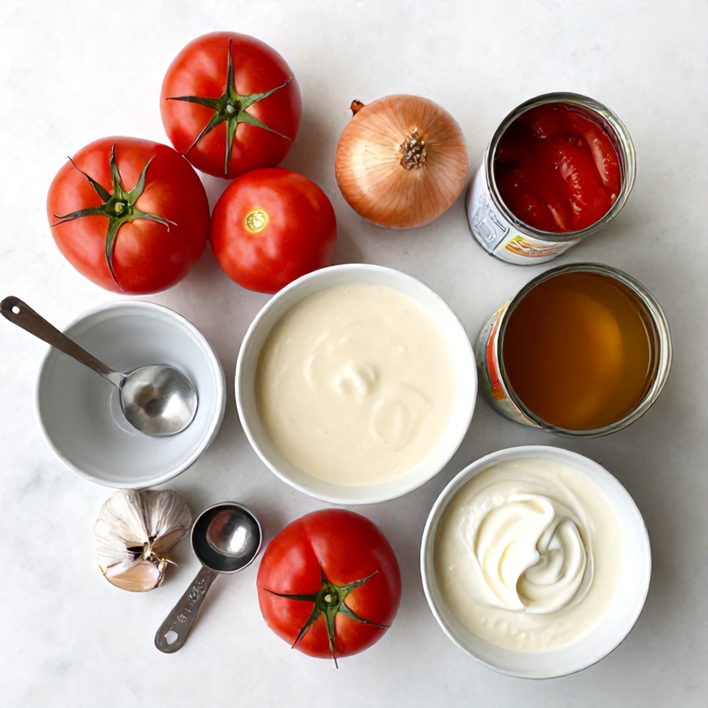 Fresh tomatoes, onion, garlic, canned tomatoes, vegetable broth, and heavy cream on a wooden surface