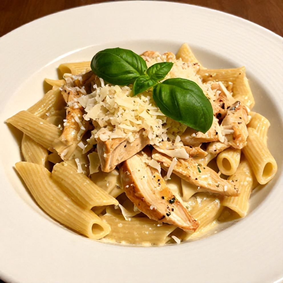 One perfect plated serving of Creamy Tuscan Chicken Pasta with parmesan cheese and fresh basil garnish on a white plate.