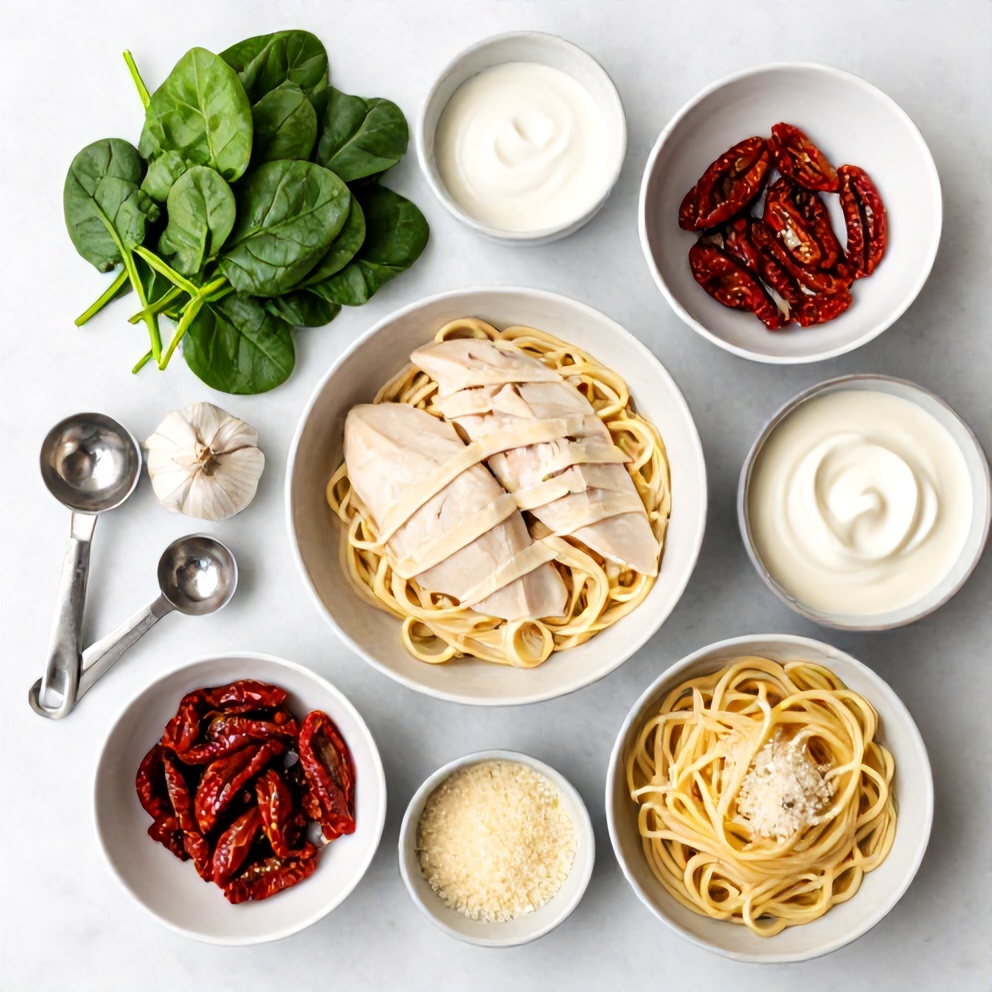 Raw ingredients for Creamy Tuscan Chicken Pasta: chicken breasts, spinach, garlic, sun-dried tomatoes, heavy cream, parmesan cheese, and pasta.