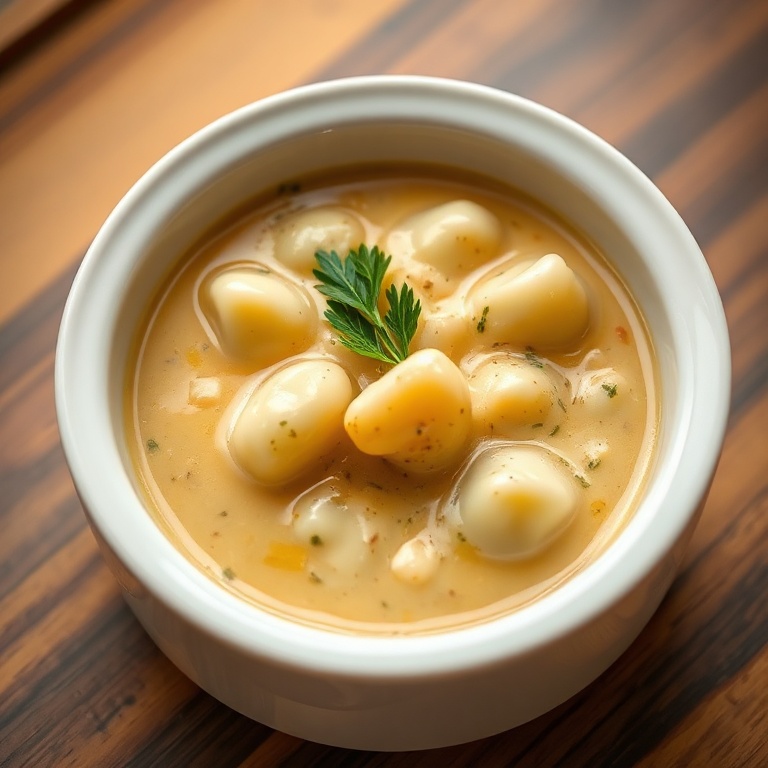 A single serving of creamy vegetarian gnocchi soup in a white ceramic bowl. A small sprig of parsley sits on top. The soup is glossy and inviting.