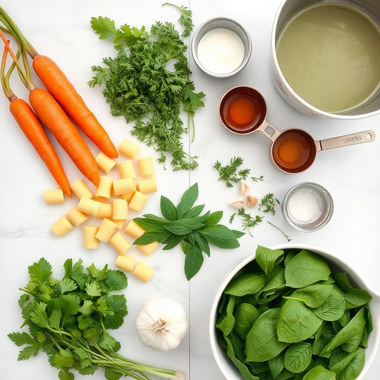A flat lay of fresh vegetables, gnocchi, herbs, and broth ingredients. Carrots, leeks, garlic, and spinach are clearly visible. Measuring cups and a mixing bowl add context to the setup.