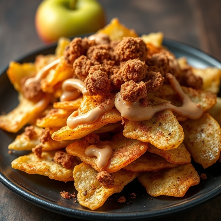 Crispy Apple Nachos with cinnamon and tahini drizzle. Served on a dark plate. Topped with cinnamon and tahini. Warm side lighting highlighting texture. Close crop. Photorealistic food photography.