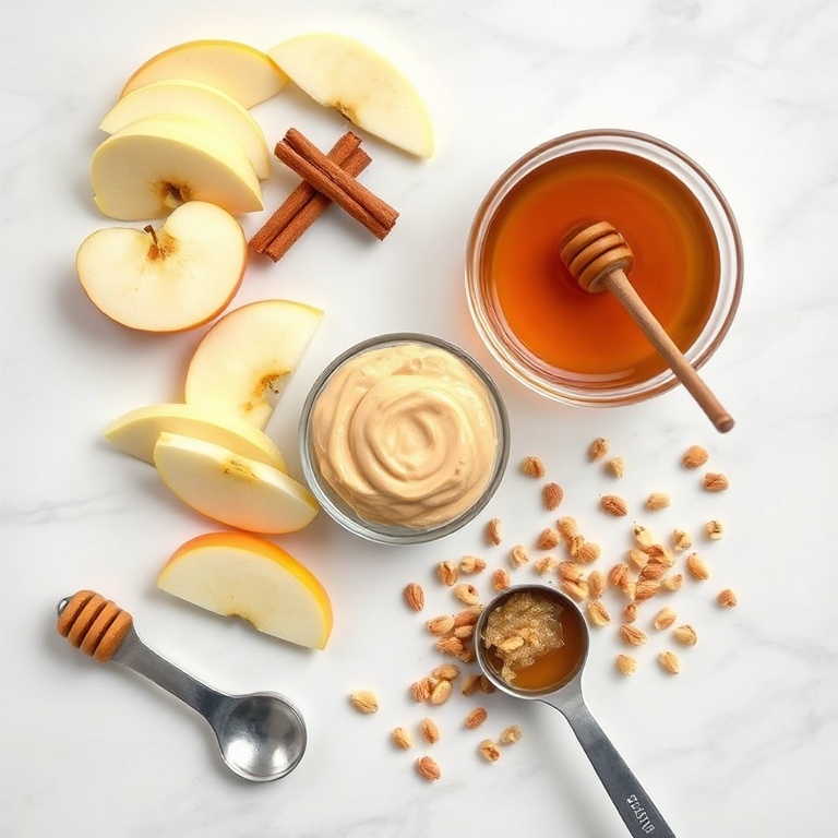 Apple slices, cinnamon, tahini, honey, and nuts arranged as an overhead flat lay. Measuring spoons and bowls visible. White marble surface. Bright even light. Photorealistic overhead food photography.