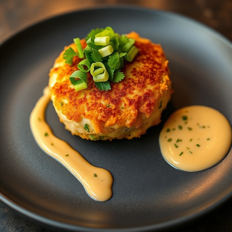 One crispy Asian tuna cake topped with fresh cilantro on a small matte ceramic plate, sauce drizzle on the side and golden crust visible. Warm lighting.