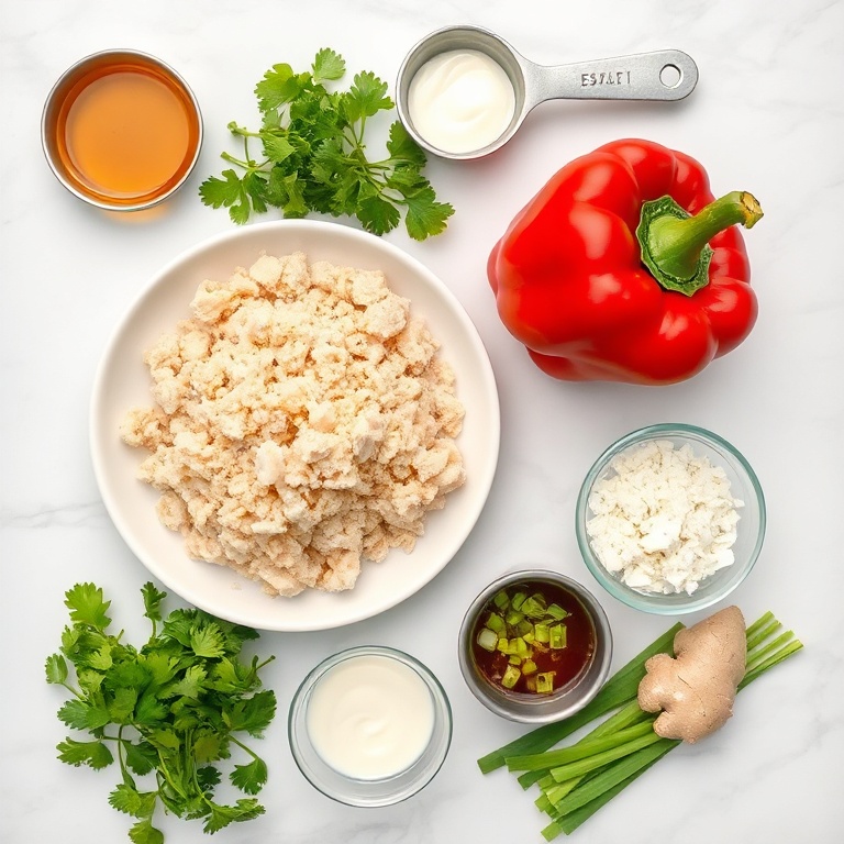Overhead view of raw tuna, panko breadcrumbs, eggs, sriracha, green onions, cilantro, and red bell pepper in prep bowls for crispy asian tuna cakes. Bright marble background.