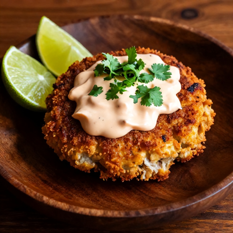 Plated Crispy Asian Tuna Cakes with Spicy Sriracha Aioli