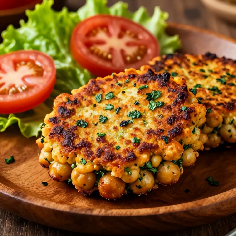 Plated serving of Crispy Baked Chickpea Patties with Fresh Herbs