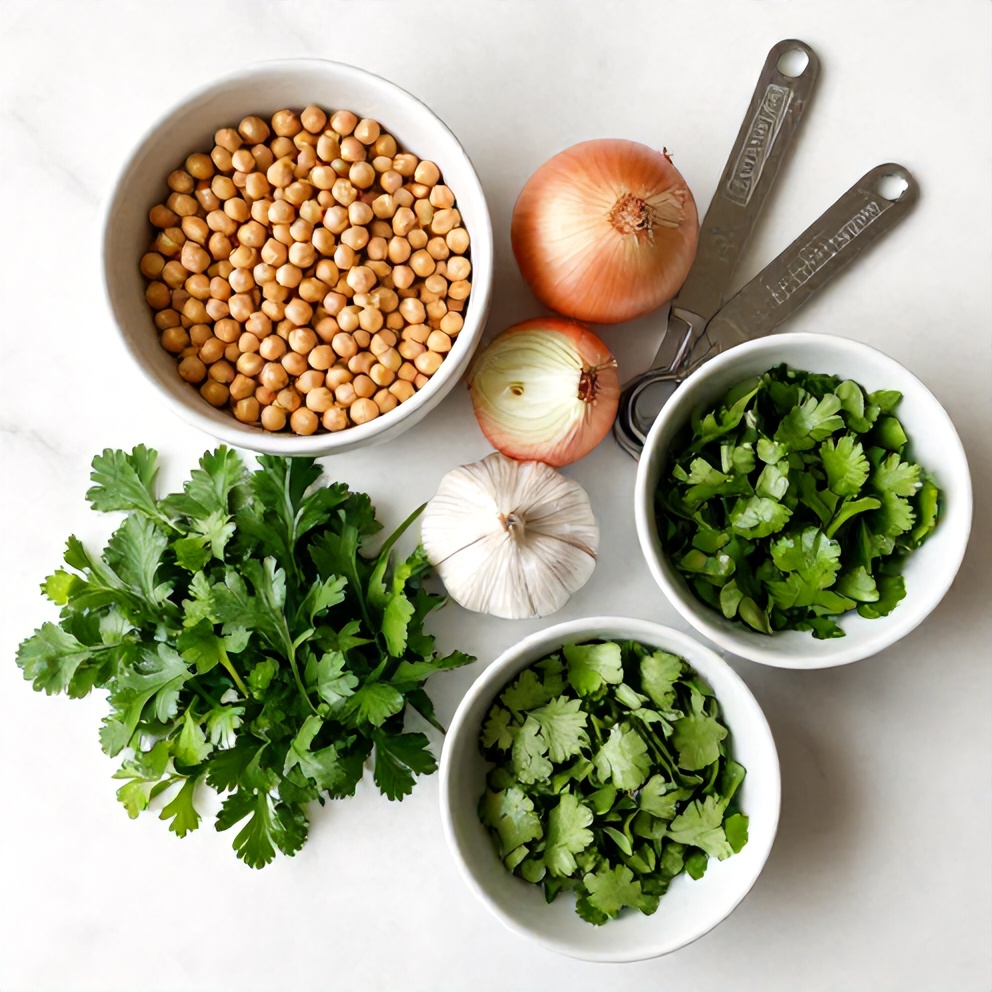 Raw ingredients for Crispy Baked Chickpea Patties laid out on a wooden surface