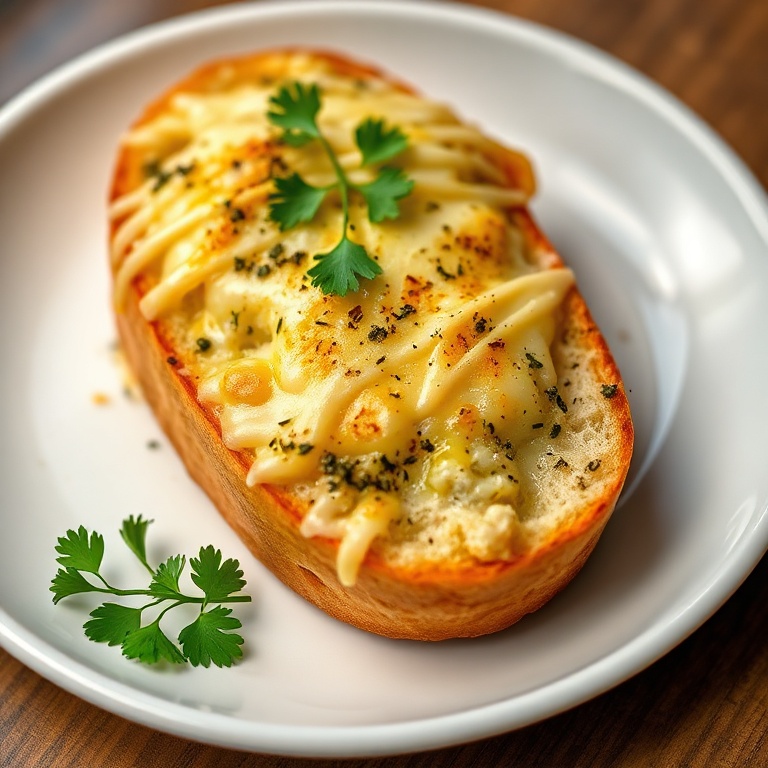 Serving of Cheesy Garlic Bread with garlic and cheese on top