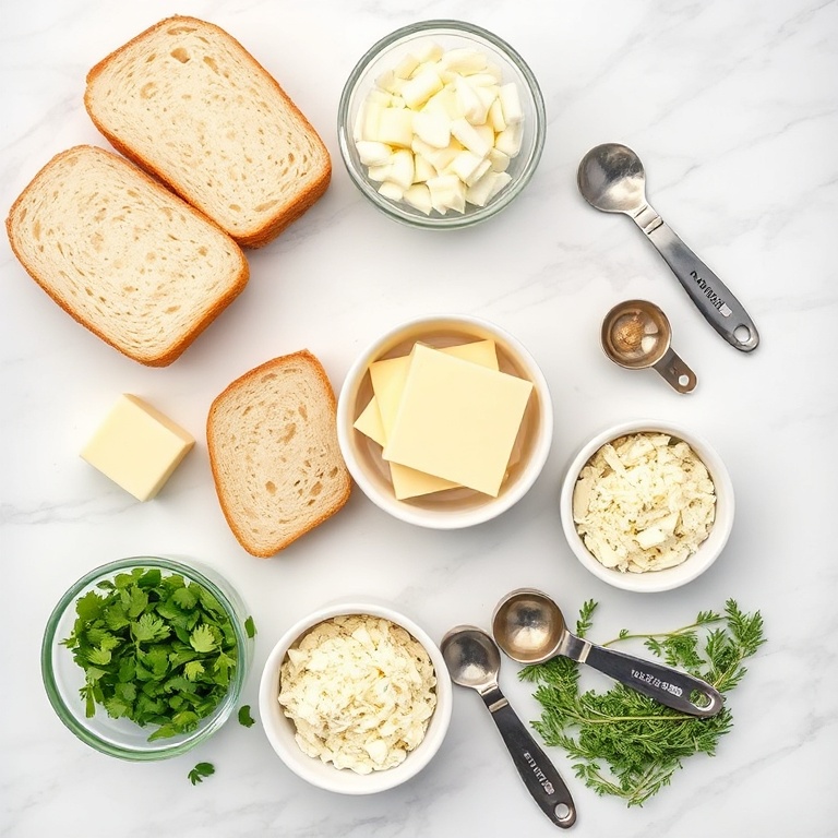 Raw ingredients for Cheesy Garlic Bread including bread, cheese, garlic, butter, and herbs