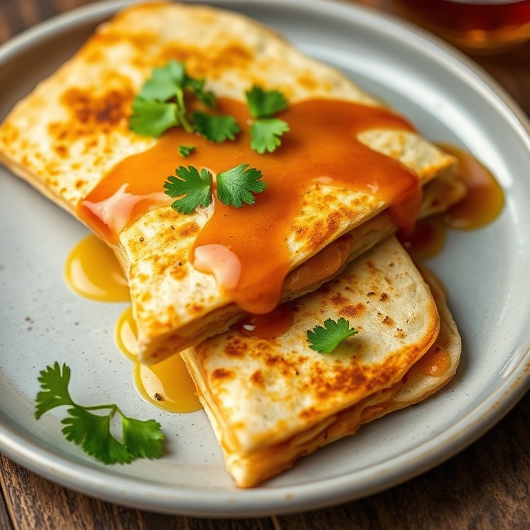 Perfectly plated Cheesy Hot Honey Chicken Quesadillas with a drizzle of hot honey and cilantro garnish