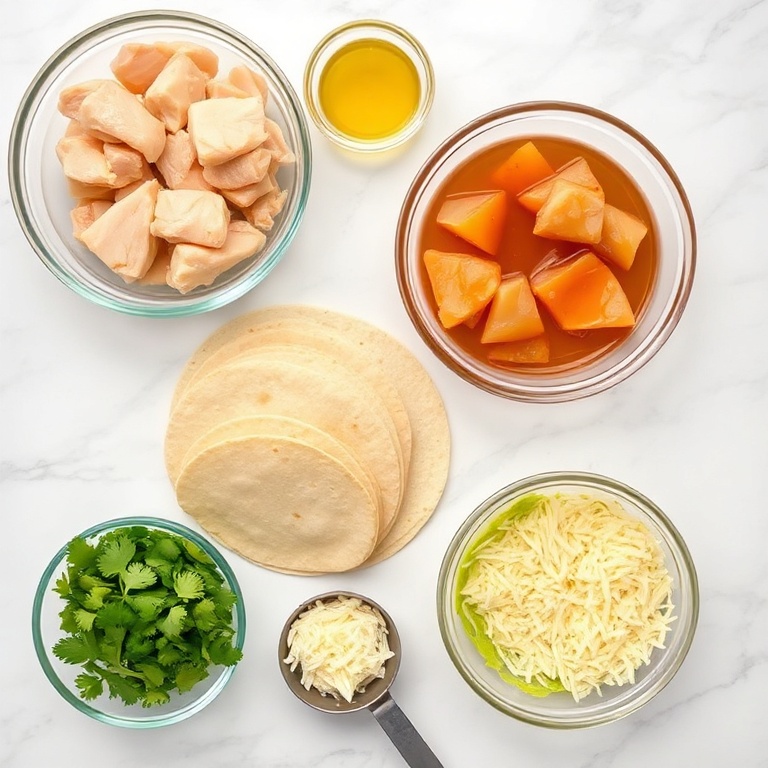 Raw ingredients for Cheesy Hot Honey Chicken Quesadillas: chicken, tortillas, cheese, honey, chili flakes, and cilantro