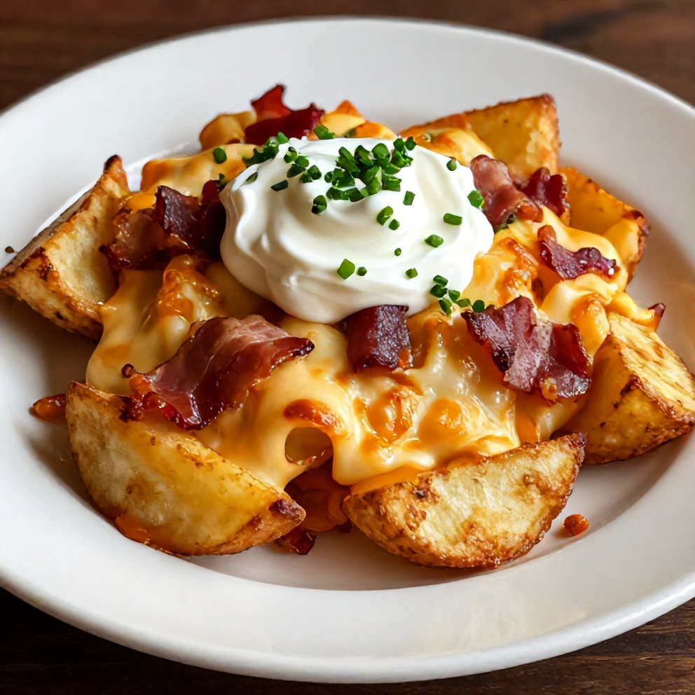 Plated serving of Crispy Cheesy Potato Skins with Bacon