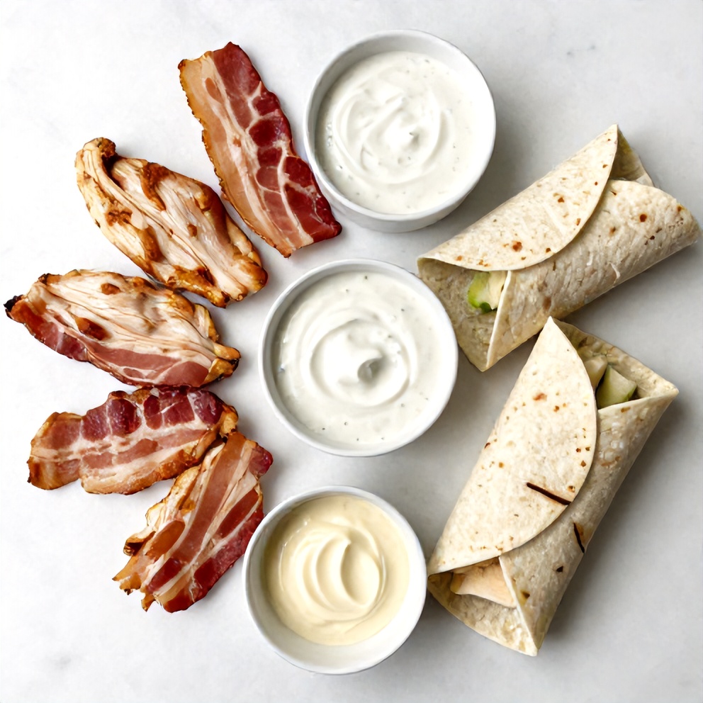 Chicken, bacon, ranch, wrap, and other ingredients for the wrap