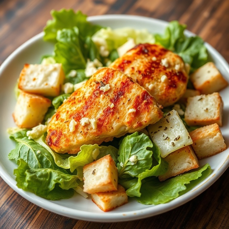 Plated Crispy Chicken Caesar Salad with Parmesan and garlic croutons