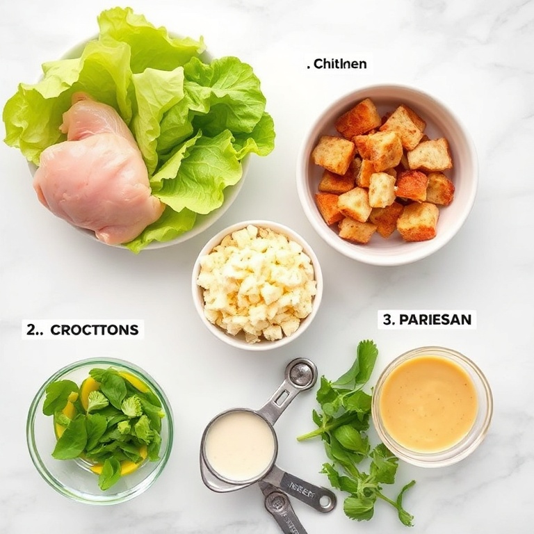 Raw ingredients for Crispy Chicken Caesar Salad including chicken, lettuce, croutons, Parmesan, and dressing