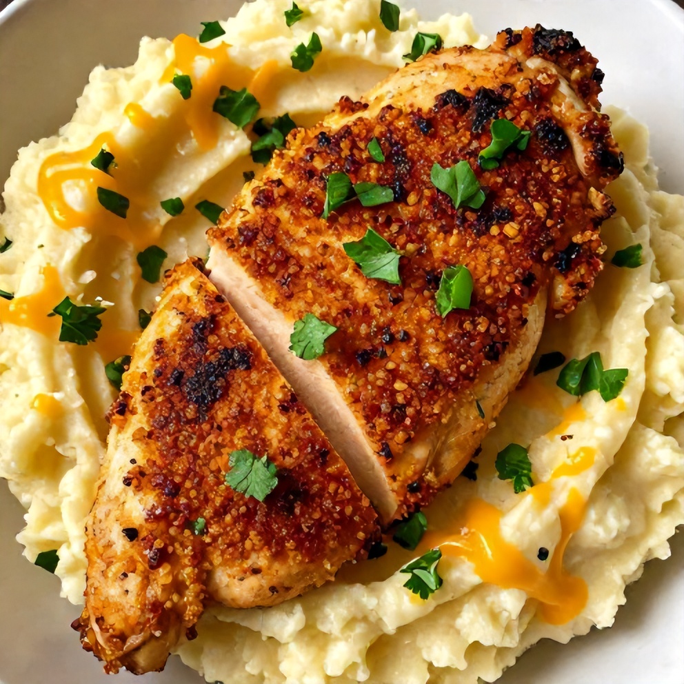 Plated Crispy Chipotle Honey Chicken with Smoked Gouda Mashed Potatoes