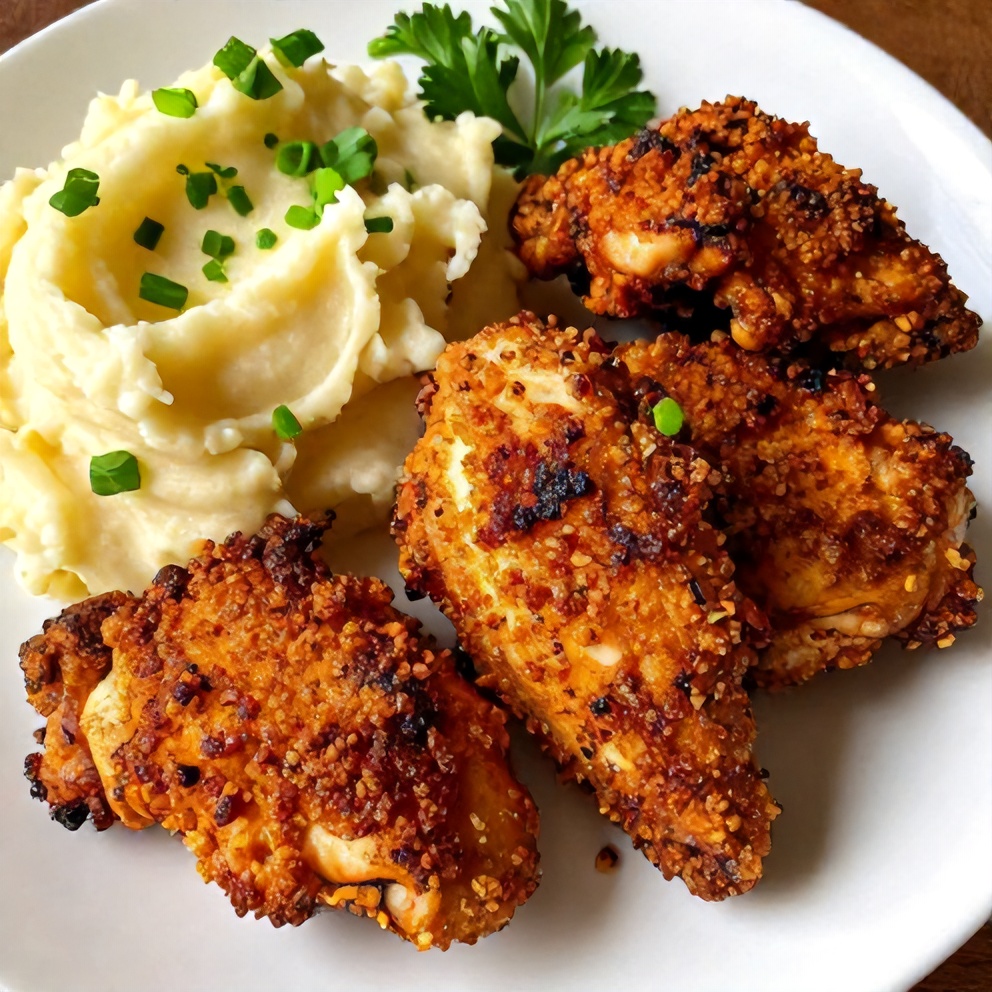 Plated Crispy Chipotle Honey Chicken Thighs with Gouda Mashed Potatoes