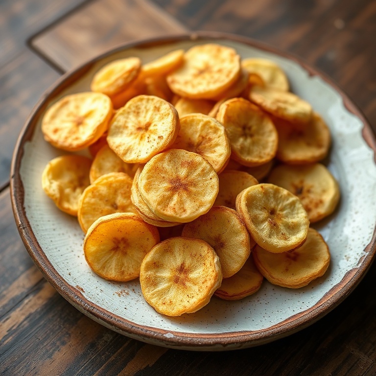 Serving of banana chips on a rustic plate. Cinnamon sugar on the edges. Close-up showing crisp texture.
