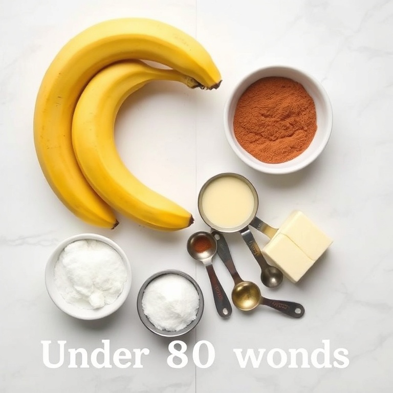 Bananas, cinnamon, sugar, and butter. Measuring spoons and bowls arranged in a flat lay. Bright even light.